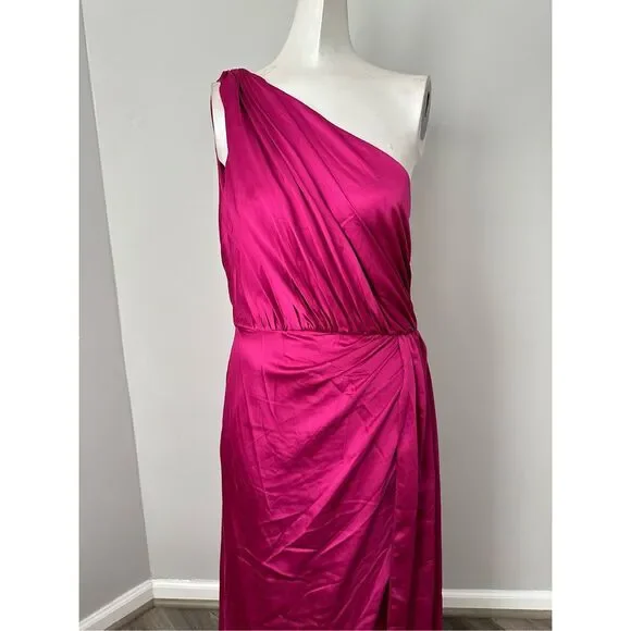 NWT Ieena for Mac Duggal One Shoulder Slit Satin Faux Wrap Maxi Gown Berry Sz 6 - Picture 8 of 13